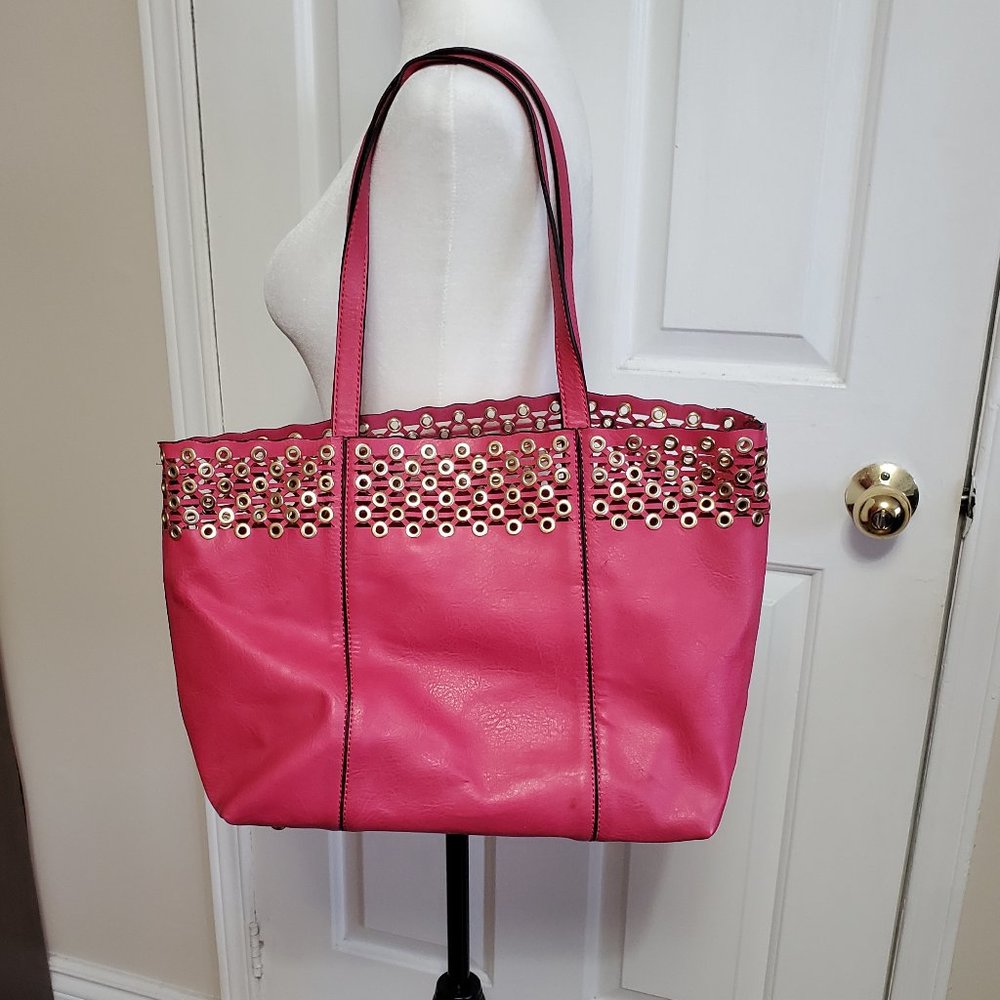 Black Rivet Shoulder Bag/Tote pink faux leather with gold rivets
